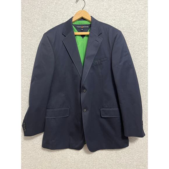 Vintage Y2K Tommy Hilfiger Navy Twill Blazer 42R Tailored Green Lining Preppy